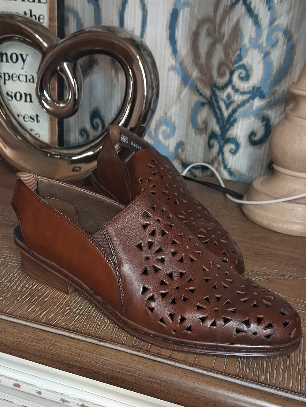 Rieker Women's Brown Laser-Cut Leather Slip-On Loafers NEW